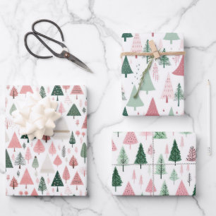 Boho Pink Green Whimsical Weihnachtsbaumen der Sai Geschenkpapier Set