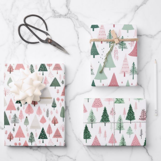 Boho Pink Green Whimsical Weihnachtsbaumen der Sai Geschenkpapier Set (Vorderseite)