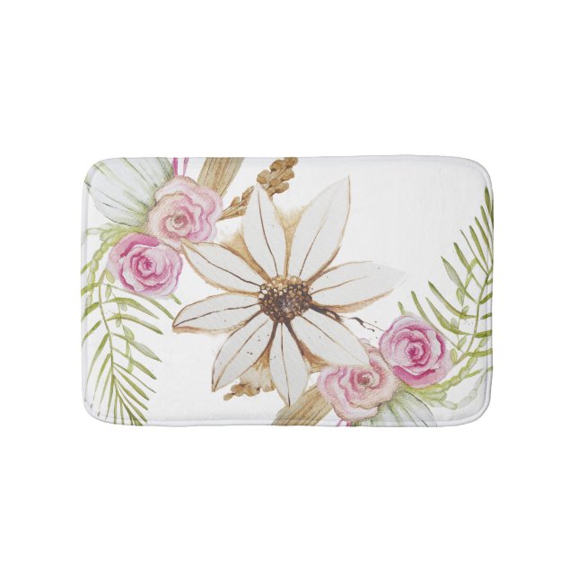 Boho Pink Green White Brown Floral Elegant Badematte (Vorderseite)