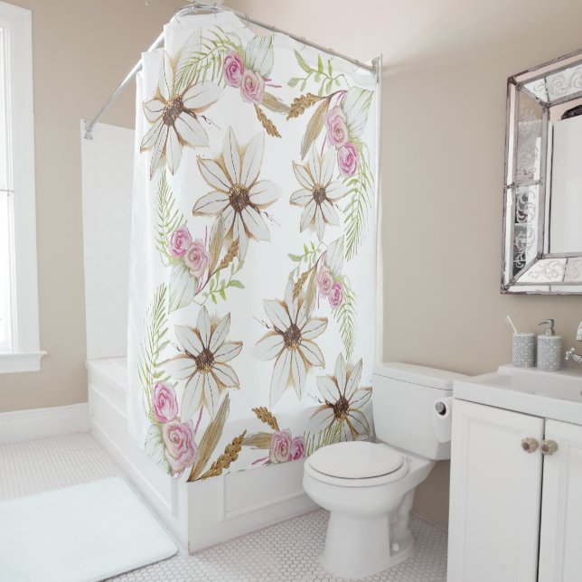 Boho Pink Green White Brown Floral Elegant Trendy Duschvorhang (Beispiel)
