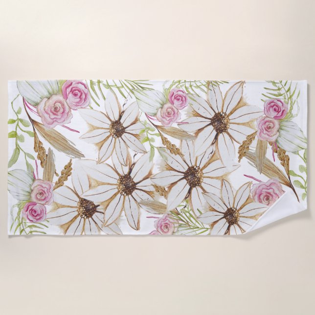 Boho Pink Green White Brown Floral Elegant Trendy Strandtuch (Vorderseite)