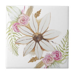 Boho Pink Grün Weiß Braun Florales Dekoratives  Fliese