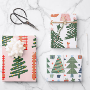 Boho Pink Grüne Blaue Weihnachtsbäume Urlaub Geschenkpapier Set