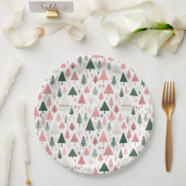 Boho Pink Grüne Weihnachtsbaumen Weihnachtsfeierta Pappteller (Hochzeit)