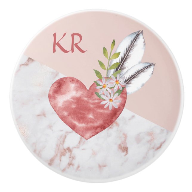 Boho Pink Heart Feathers Daisy Marble Pattern Keramikknauf (Vorderseite)