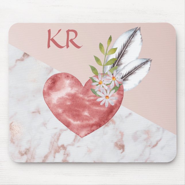 Boho Pink Heart Feathers Daisy Marble Pattern Mousepad (Vorne)