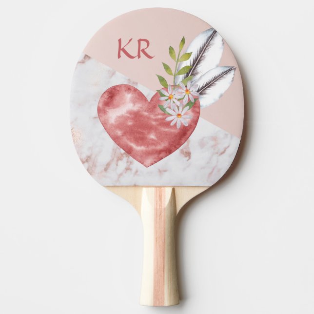 Boho Pink Heart Feathers Daisy Marble Pattern Tischtennis Schläger (Vorderseite)