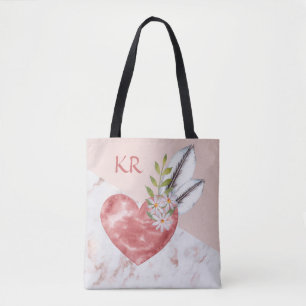 Boho Pink Heart Feathers Marble Pattern Initials Tasche