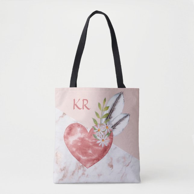 Boho Pink Heart Feathers Marble Pattern Initials Tasche (Vorderseite)