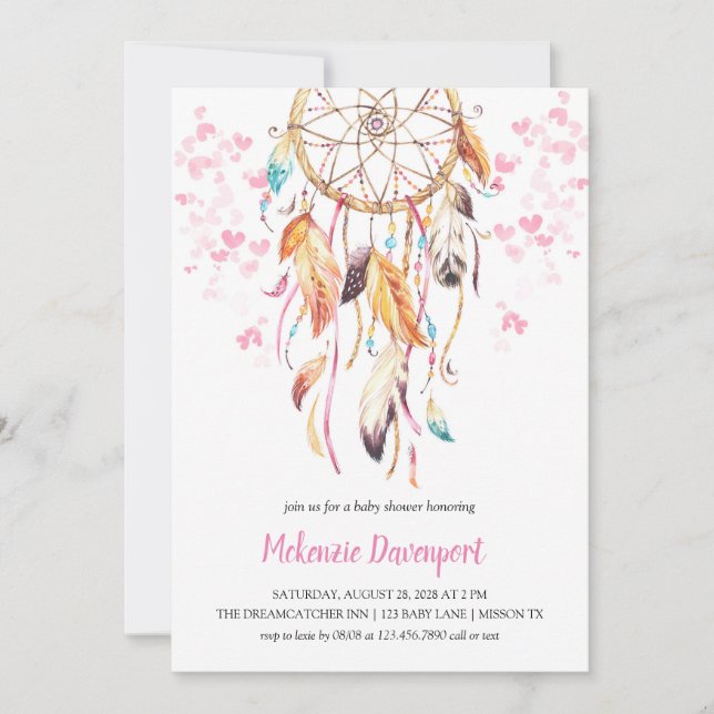 Boho Pink Heart Pink Dreamcatcher Girl Baby Dusche Einladung (Vorderseite)