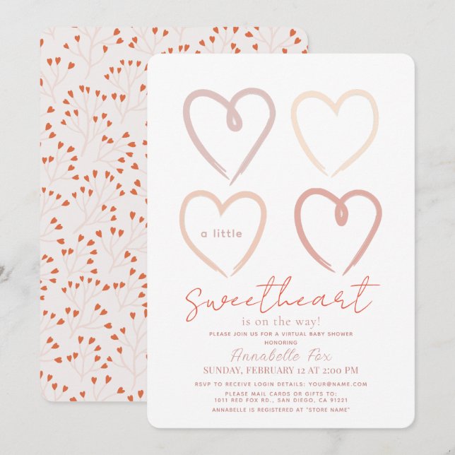 Boho Pink Hearts Sweetheart Virtual Baby Dusche Einladung (Vorne/Hinten)