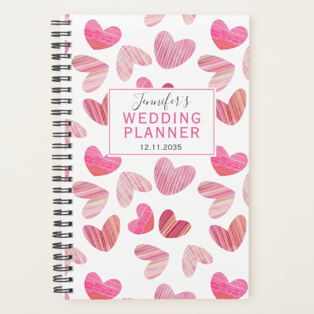 Boho Pink Herz über Pattern Hochzeitsplaner Planer (Vorderseite)
