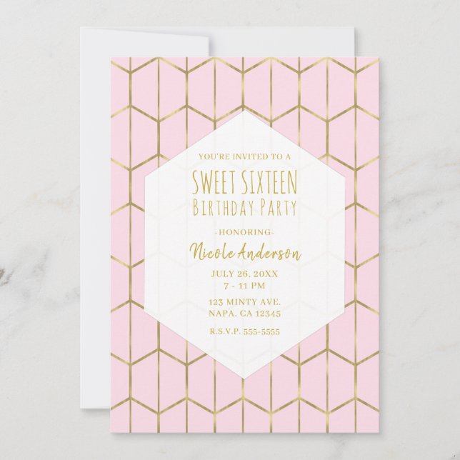 Boho Pink Hexagon Gold Geometric Glam Sweet 16 in Einladung (Vorderseite)