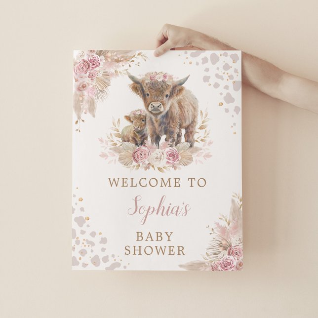 Boho Pink Highland Cow Baby Girl Dusche Willkommen Poster (Von Creator hochgeladen)