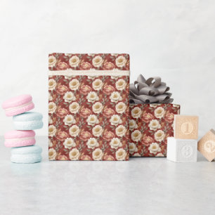 Boho Pink & Ivory Floral on Mottles Maroon Geschenkpapier
