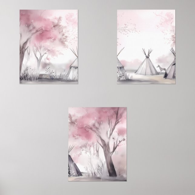 Boho Pink Landschaft Mauer Set von 3 (Vorderseite)