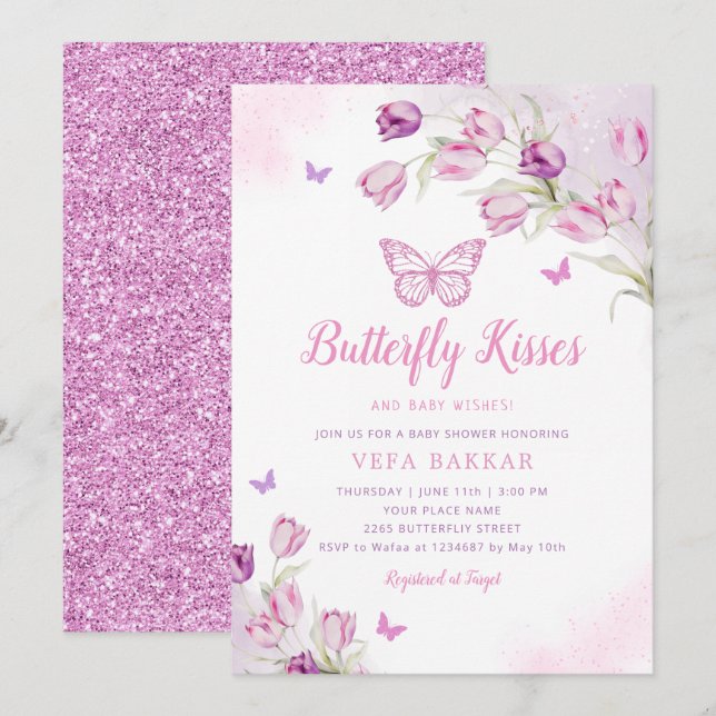 Boho Pink Lila Floral Butterfly Girl Babydusche Einladung (Vorne/Hinten)