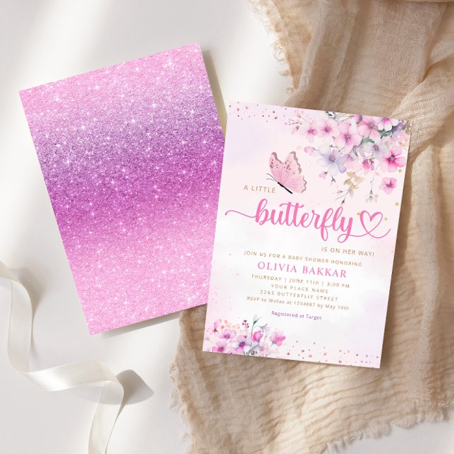 Boho Pink Lila Floral Butterfly Girl Babydusche Einladung (Von Creator hochgeladen)
