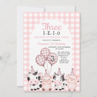 Boho Pink Mädchen Drei-I-E-I-O Geburtstag Bauernho Einladung