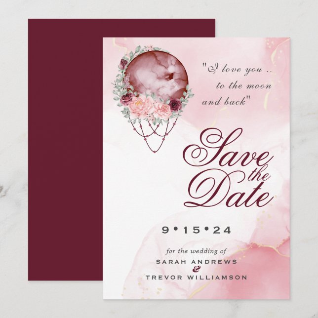 Boho Pink Maroon Moon Mandala Save the Date Einladung (Vorne/Hinten)