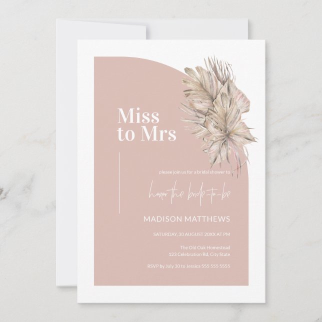 Boho Pink Minimal Arch Miss an Mrs. Brautparty Einladung (Vorderseite)