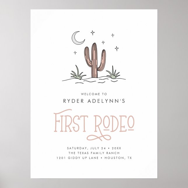 Boho Pink Modern Girls First Rodeo 1. Geburtstag Poster (Vorne)