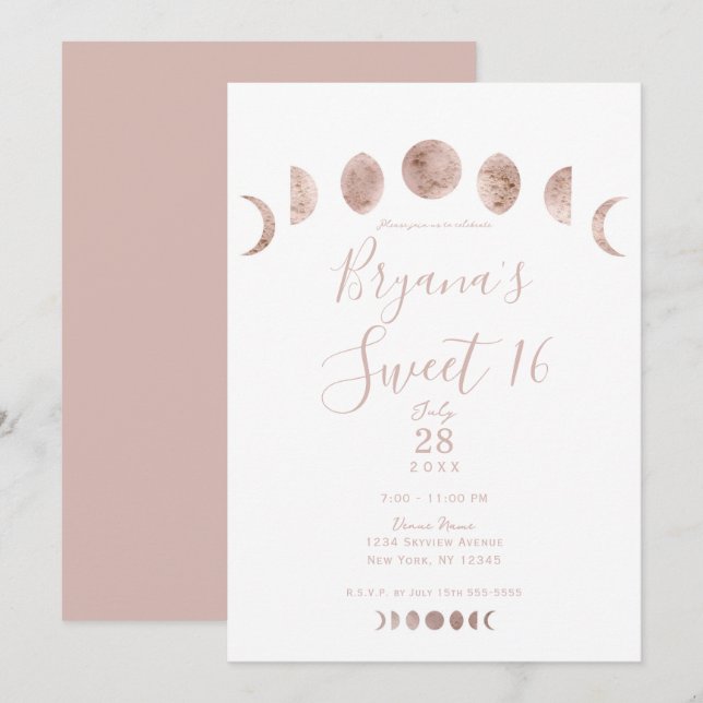 Boho Pink Moon Phassos Modernes Minimal Sweet 16 Einladung (Vorne/Hinten)