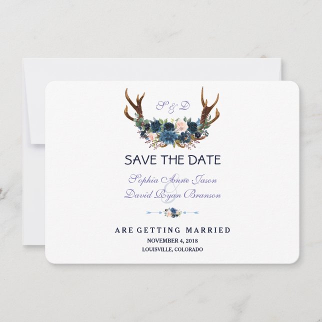 Boho Pink Navy Blue Floral Antlers Save the Date (Vorderseite)