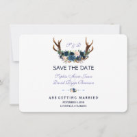 Boho Pink Navy Blue Floral Antlers Save the Date
