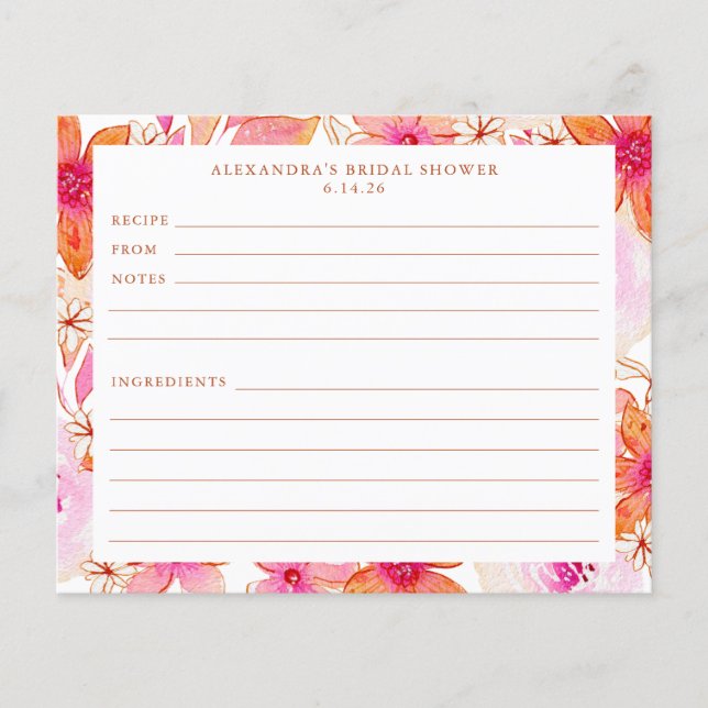 Boho Pink Orange Blume Brautparty Rezept Karte (Vorderseite)