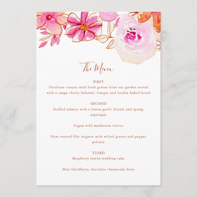 Boho Pink Orange Blume Custom Wedding Menükarte (Vorderseite)