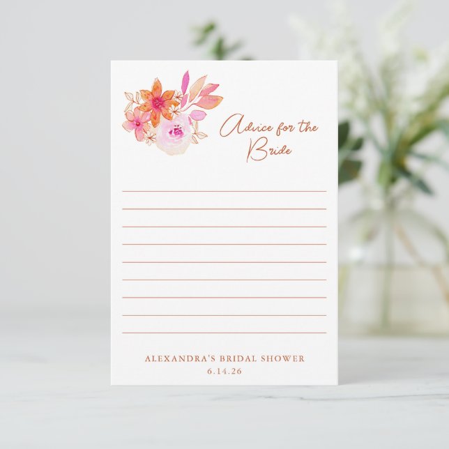 Boho Pink Orange Blume Dusche für die Braut Hinweiskarte (Stehend Vorderseite)