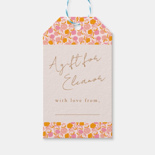 Boho Pink Orange Niedliche Blütendusche Geschenkanhänger (Vorderseite)