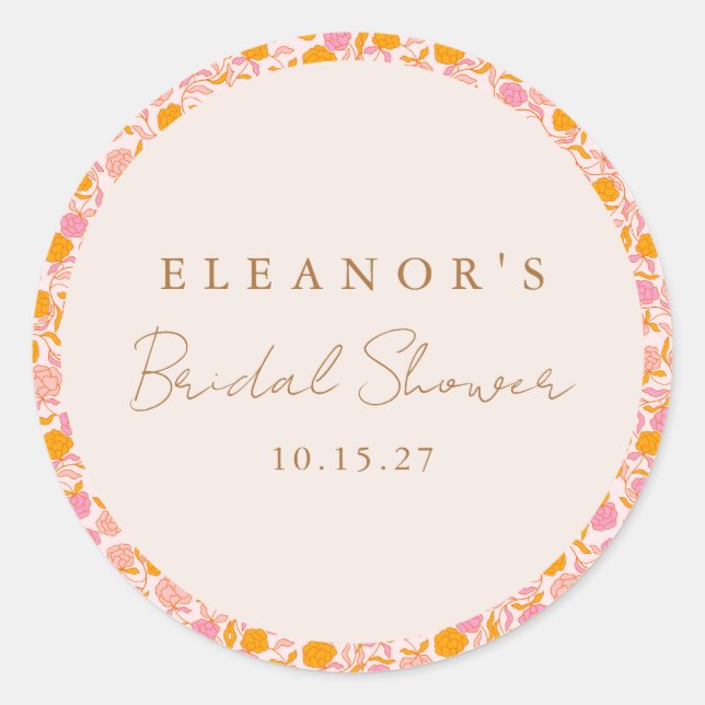 Boho Pink Orange Niedliches Brautparty Runder Aufkleber (Vorderseite)