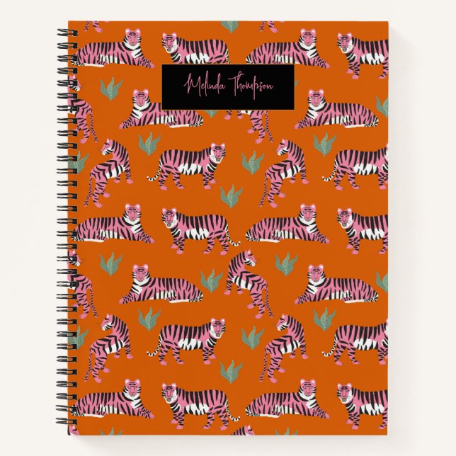 Boho Pink Orange Tiger Tiermuster   Notizbuch (Vorderseite)