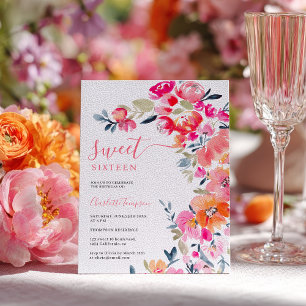 Boho Pink Orange Wasserfarben Blumen Sweet 16 Einladung