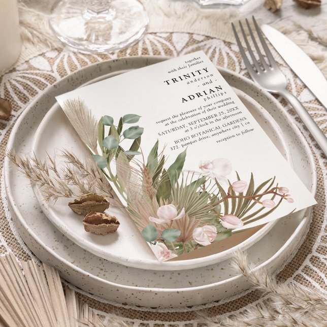 Boho Pink Orchids Getrocknete Blätter mit Pampas W Einladung (Von Creator hochgeladen)