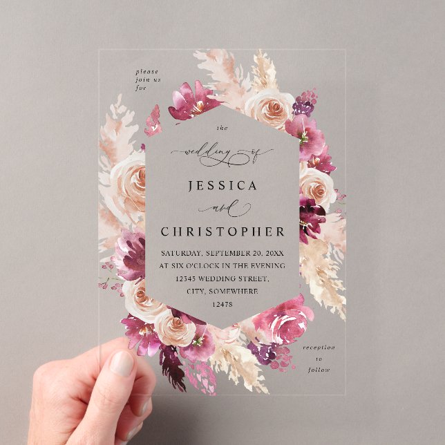 Boho Pink Pampas Grass Floral Wedding Acryleinladungen (Insitu (Handheld))
