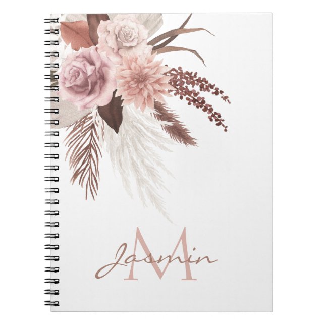 Boho Pink Pampas Grass Getrocknete Blume Monogramm Notizblock (Vorderseite)