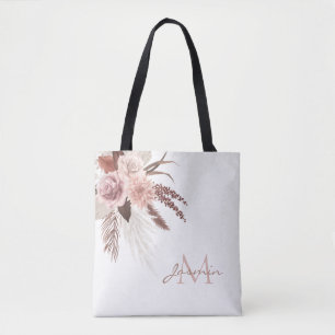 Boho Pink Pampas Grass Getrocknete Blume Monogramm Tasche