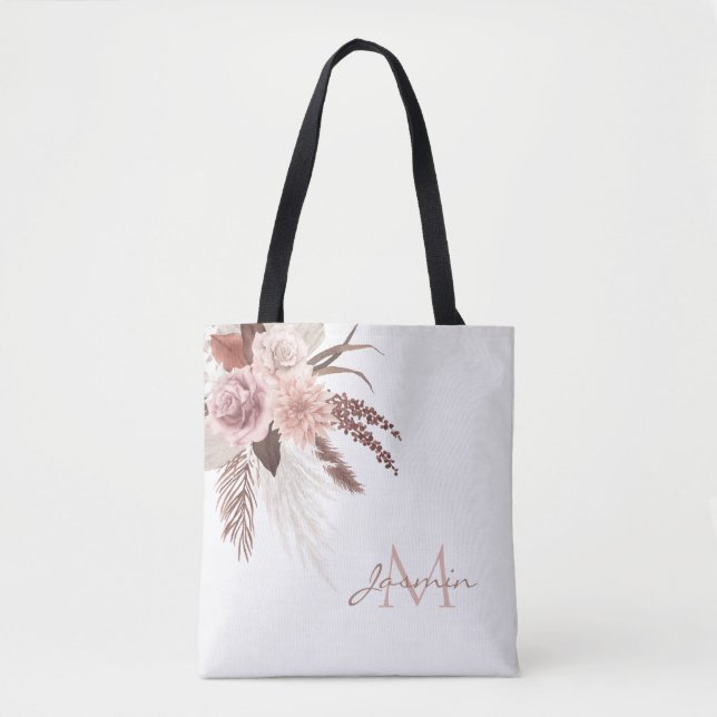 Boho Pink Pampas Grass Getrocknete Blume Monogramm Tasche (Vorderseite)
