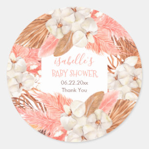 Boho Pink Pampas Grass Orchid Blooms Baby Dusche Runder Aufkleber