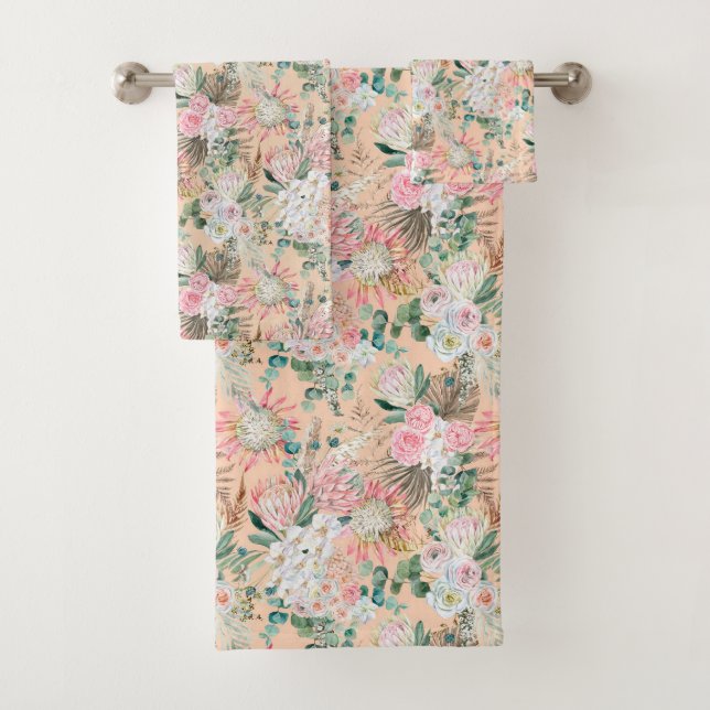 Boho Pink Peach White Floral Eukalyptus Trendy Badhandtuch Set (Insitu)