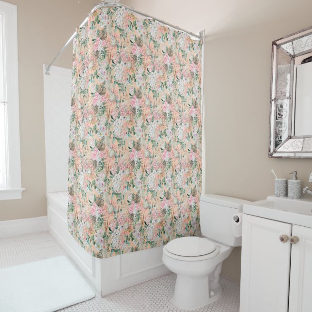 Boho Pink Peach White Floral Eukalyptus Trendy Duschvorhang (Beispiel)