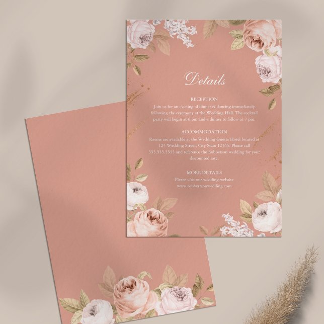 Boho Pink Peonies Mariage Détails Carte (Boho Pink Peonies Wedding Details Card on white table)