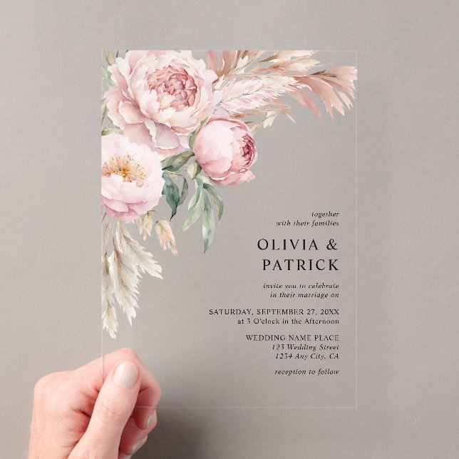 Boho Pink Peonies & Pampas Grass Floral Wedding Acryleinladungen (Insitu (Handheld))