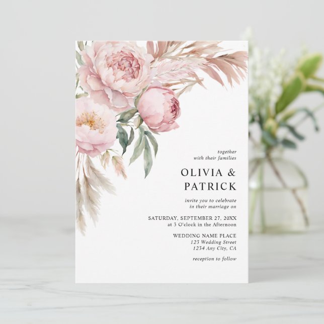 Boho Pink Peonies & Pampas Grass Floral Wedding Einladung (Stehend Vorderseite)