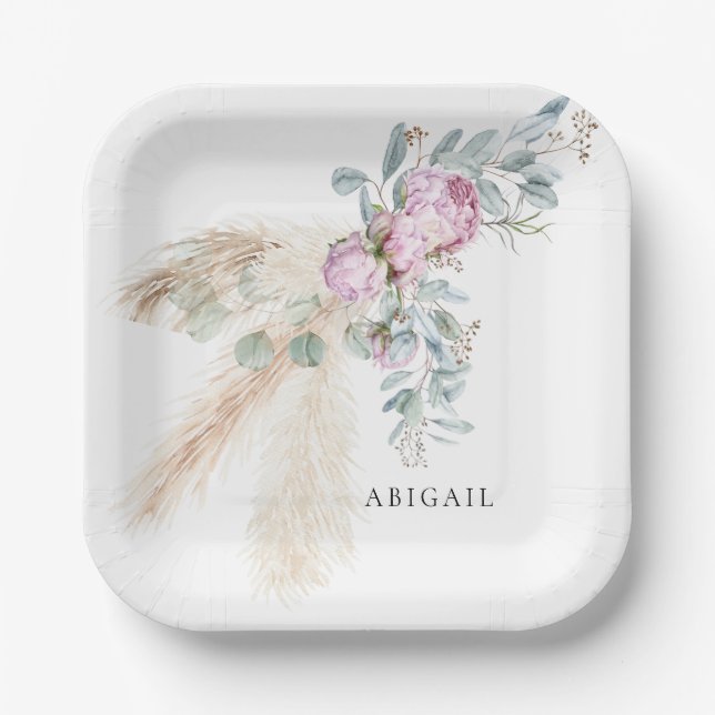 Boho Pink Peonies Personalisiertes Brautparty Pappteller (Vorderseite)