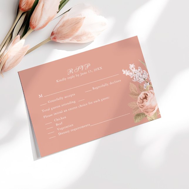 Boho Pink Peonies Wedding RSVP Card Dankeskarte (Boho Pink Peonies Wedding RSVP Card on a sunny white table with pale pink flowers.)