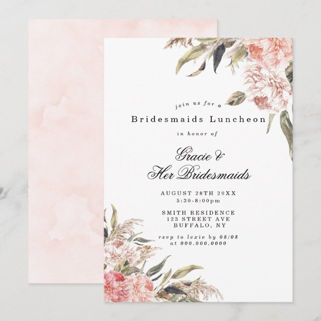 Boho Pink Peony Bridesmaids Luncheon Invites (Vorne/Hinten)